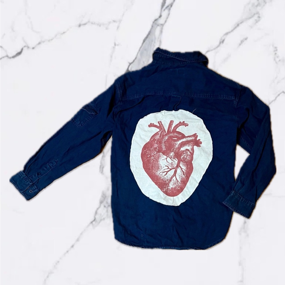 Custom Upcycled Button Up. Vintage Faded Glory Medium. Anatomical Heart. View 2